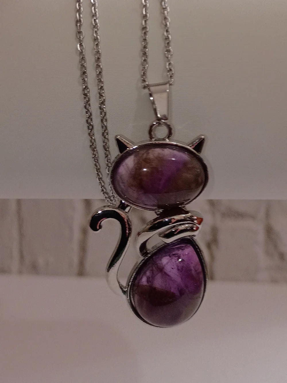 Amethyst Natural Crystal Gemstone Cat Pendant Necklace Stainless Steel 17-in